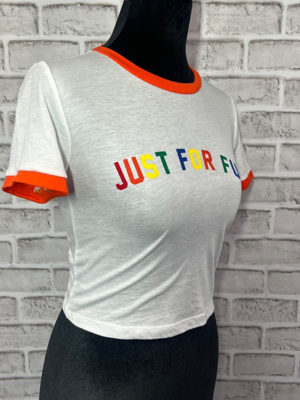 ROCK N ROSE COUTURE • Just For Fun Rainbow Graphic Crop Ringer Tee Size Small - Picture 2 of 6